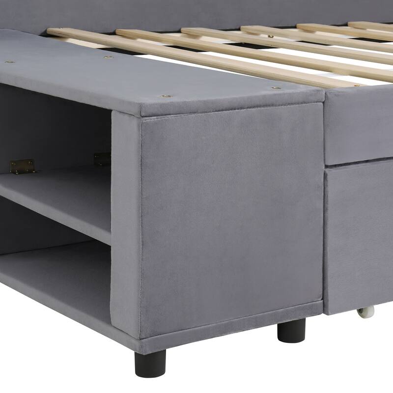 Twin Size L-Shaped Upholstered Platform Bed with Storage and Drawers in Gray