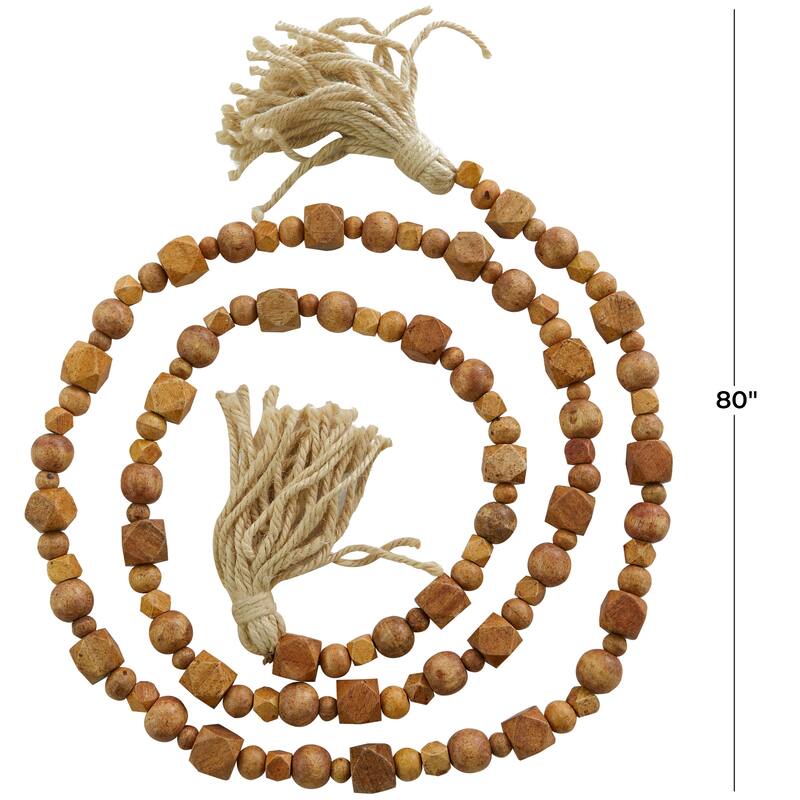 Bohemian Natural Wood Bead Garland with Cotton Tassels - 80 x 1