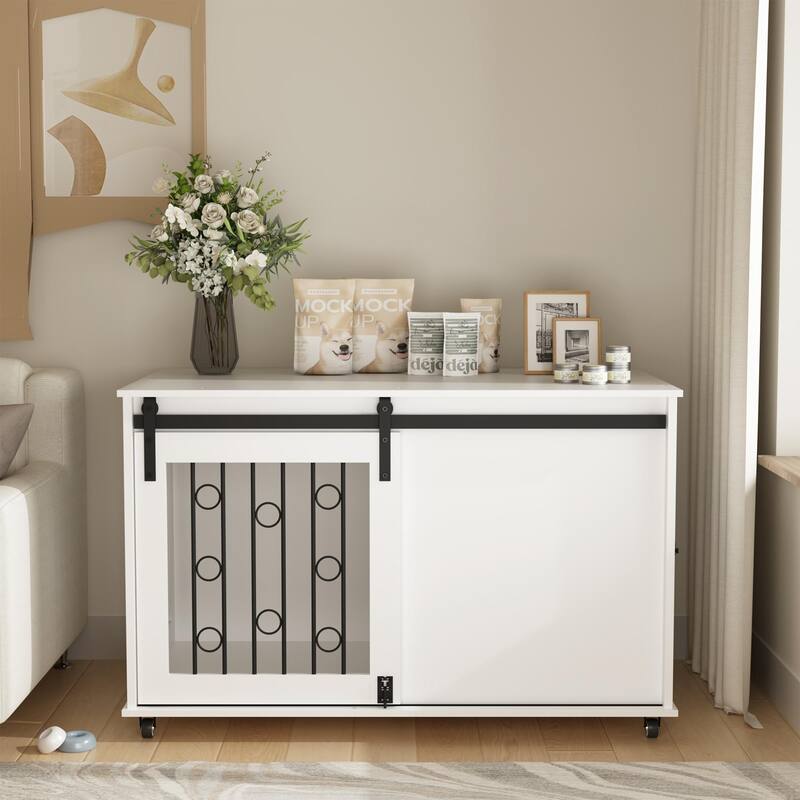 Anmytek Multifunctional Dog Crate Furniture with Sliding Barn Door, White Wooden Side Table Console