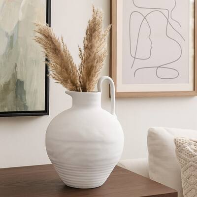 Siela Jug Style Vase with Extended Loop, Ribbed Details, White Ceramic