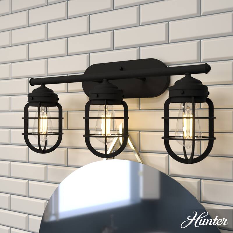 Hunter Starklake 3 Light Vanity Wall Light, Damp-Rated, Modern Industrial, Cage, Rustic, Farmhouse - Natural Iron