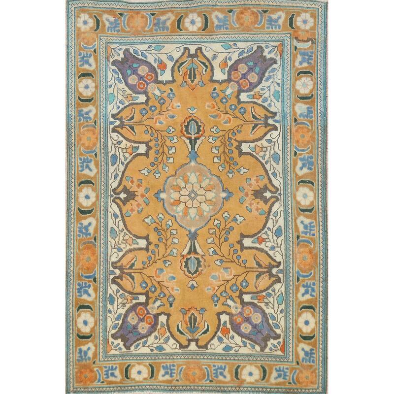 Hand Knotted Oriental 100% Wool Carpet Traditional Geometric Yellow & Gold Tabriz Area Rug - 4' 11'' X 3' 4''