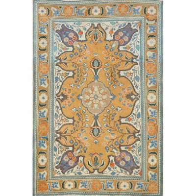 Hand Knotted Oriental 100% Wool Carpet Traditional Geometric Yellow & Gold Tabriz Area Rug - 4' 11'' X 3' 4''