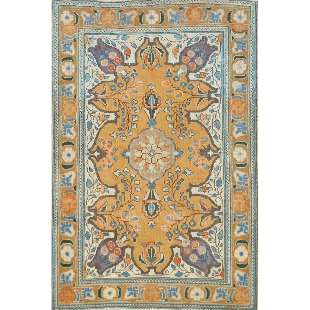 Hand Knotted Oriental 100% Wool Carpet Traditional Geometric Yellow & Gold Tabriz Area Rug - 4' 11'' X 3' 4''