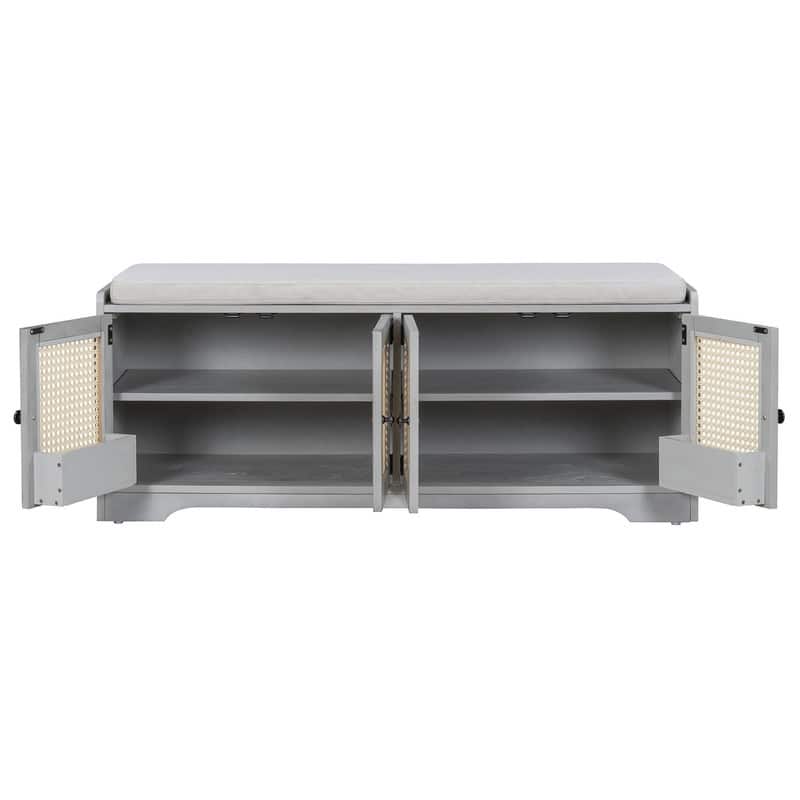 Rustic 47.4" Storage Bench Multifunctional Wooden Entryway Organizer with Removable Cushion and Rattan Doors