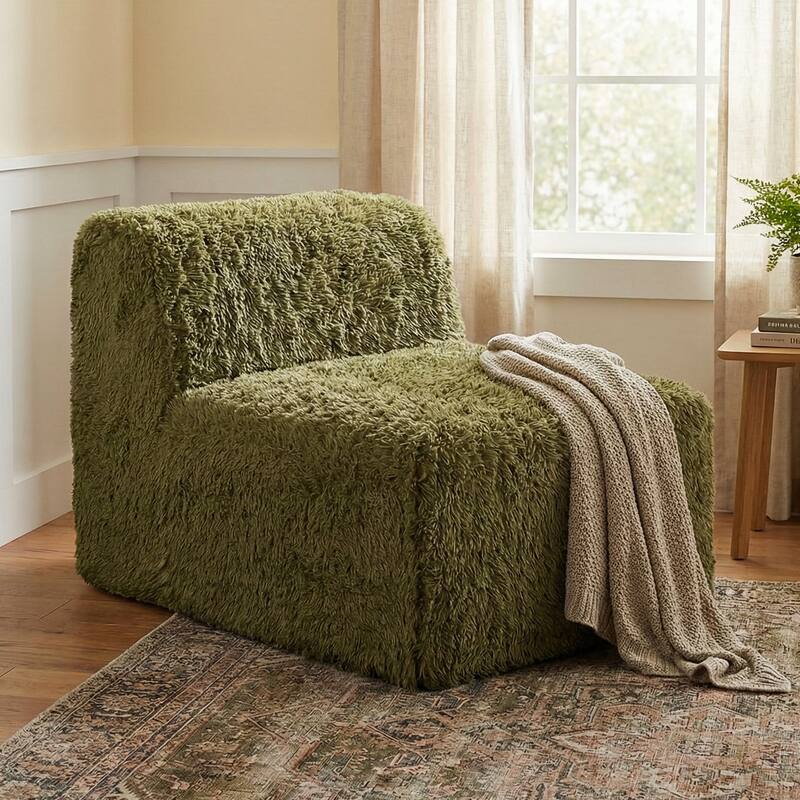 Furniture of America Ylena Modern Faux Fur Foam Modular Compressed Sofa Chair - Armless - Olive Green