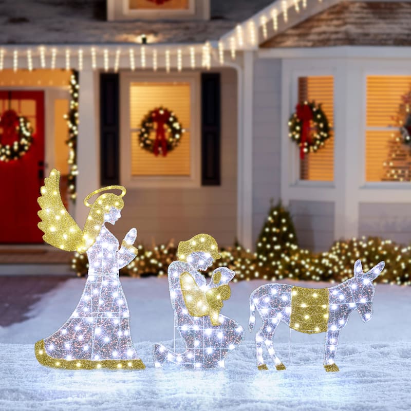 Glitzhome S/11 Christmas 2D Iridescent Fabric Nativity Lighting Decor