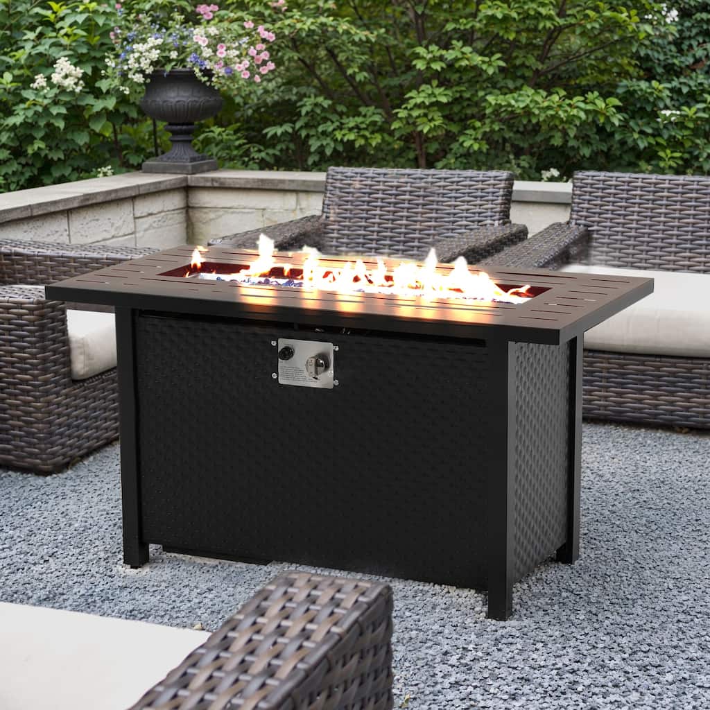 Outdoor 50000 BTU Rectangular 45” Propane Fire Pit Table with Glass Wind Guard for Patio, Deck, Backyard, Black - 45 in