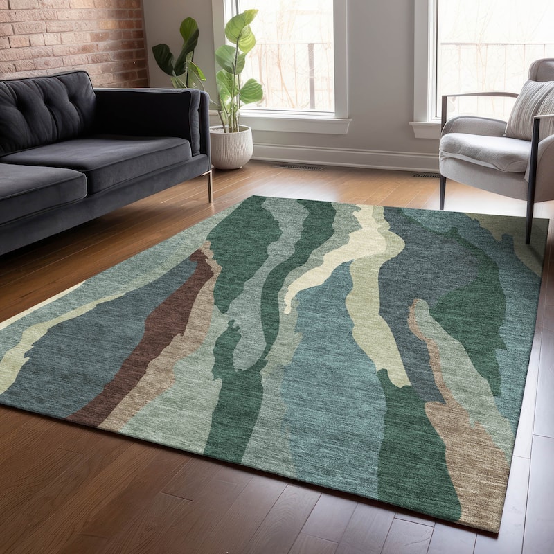 Machine Washable Indoor/ Outdoor Abstract Contemporary Chantille Rug - Sage - 9' x 12'