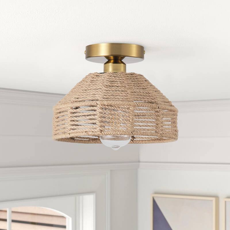 Farmhouse 1-Light Handmade Hemp Rope Weaving Semi Flush Mount Ceiling Light - Brass