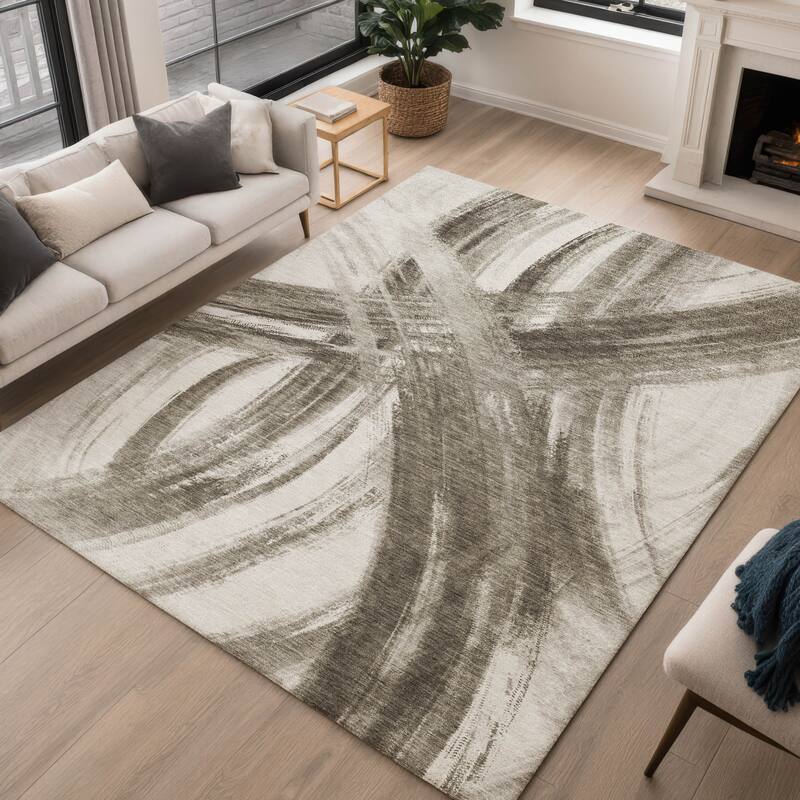 Machine Washable Indoor/ Outdoor Abstract Brushstroke Chantille Rug