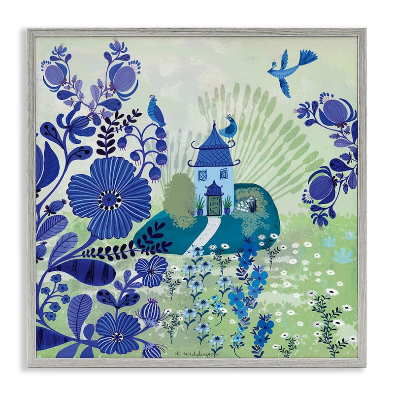 Stupell Whimsical Blue Garden Framed Giclee Art Design By Kay Widdowson - 17 x 17 - Grey