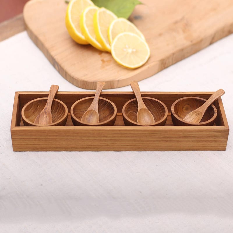 NOVICA Handmade Date Night Wood Condiment Set (9 Piece) Indonesia - 1.2" H x 2.4" Diam.