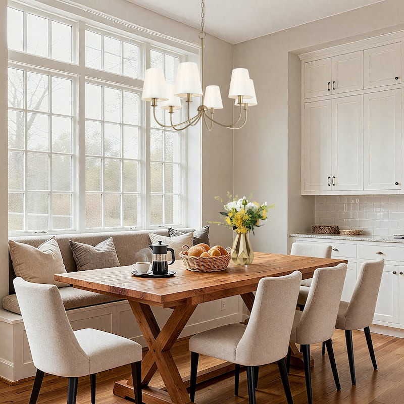 Bella Mid-century Modern Gold 6-Light Chandelier with Fabric Shade for Dining Living Room - D27"x H 24.5"