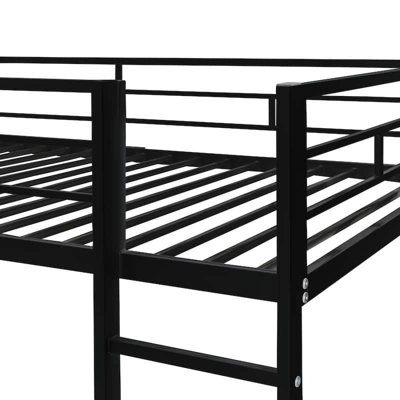 Black Twin Size Metal Loft Bed with Ladder, Fence, Shelves, and Desk