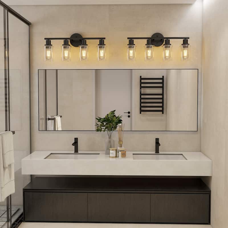 4-Light Clear Glass Shade Dimmable Bathroom Vanity Lights Wall Sconces - Matte Black