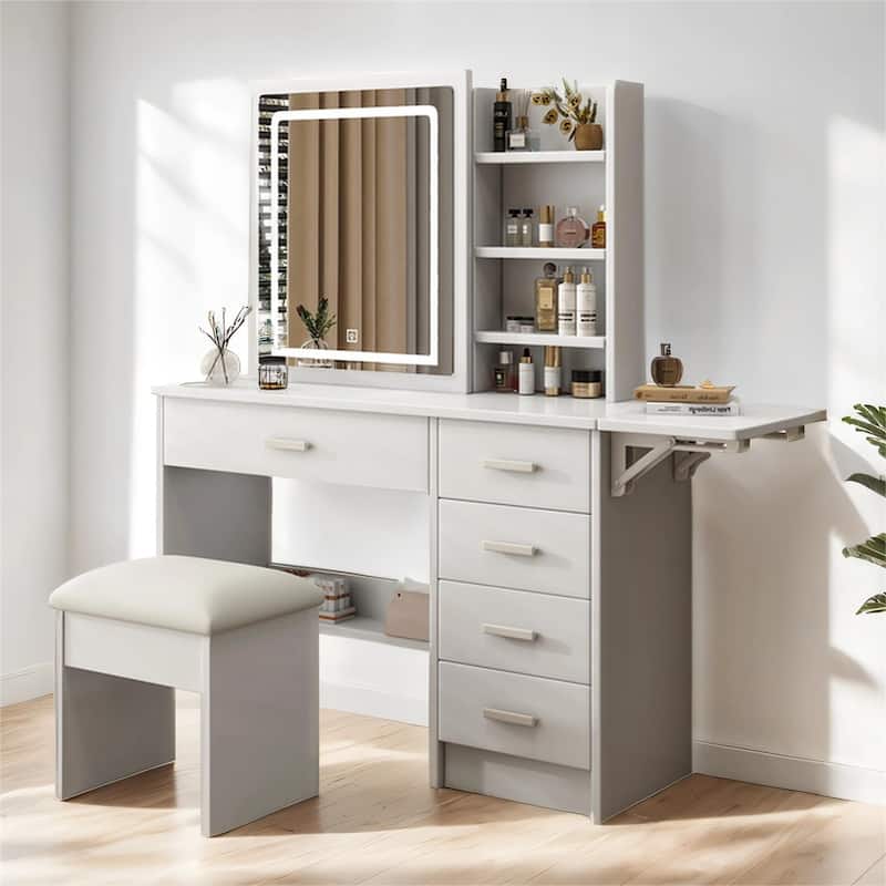 Vanity Desk with Mirror and Lights for Makeup, open shelves and Chair - White