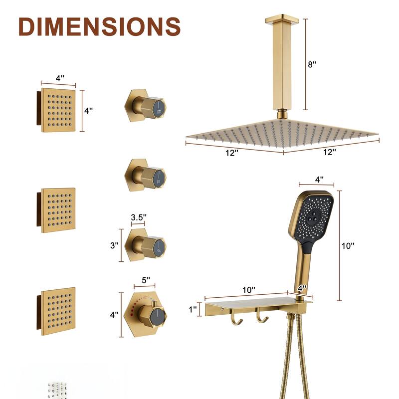 Wall Mounted 12 Inch Thermostatic 3 Functions Luxury Shower System