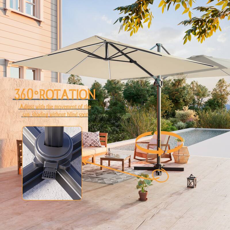 LIVOOSUN 10x8ft LED Rectangle Cantilever Umbrella Patio Offset Umbrella For Outdoor Space, Solution-Dyed Fabric, 360° Rotation