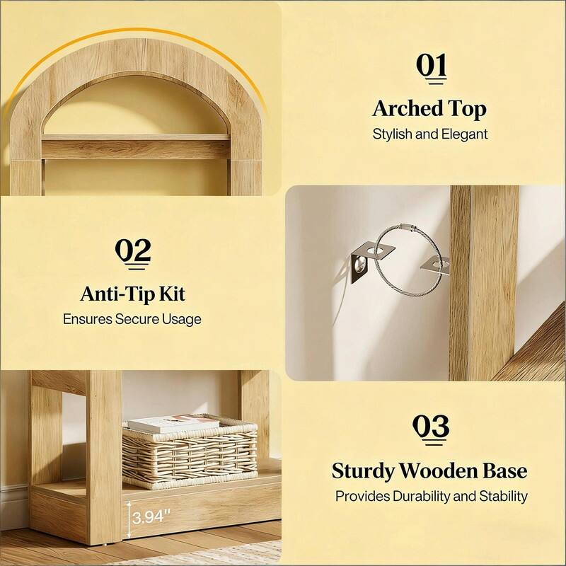 Modern Arched Bookshelf with 5 Shelves, Teak Finish MDF Storage Bookcase for Living Room or Office