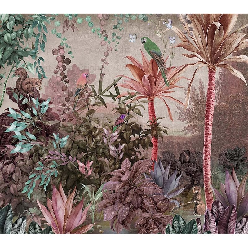 Enchanted Jungle Wallpaper Mural Tropical Birds and Foliage - Pink - W:131" x H:118"