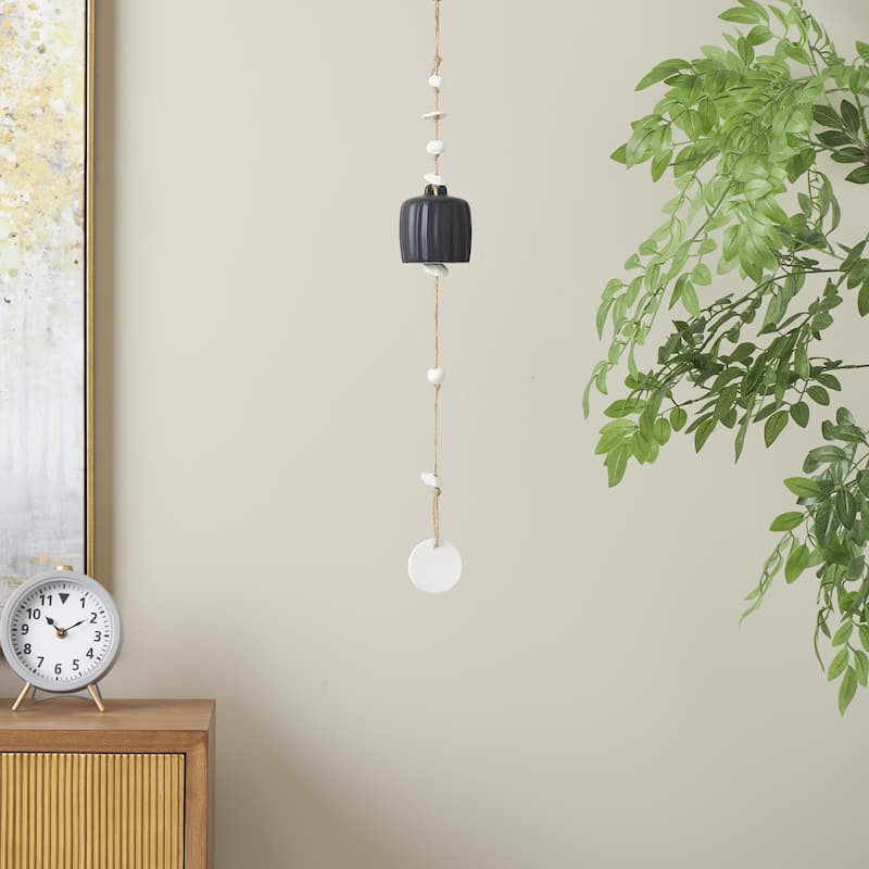 Ceramic Handmade Indoor Outdoor Windchime with Cascading White Disks - Black - Roche River Decor