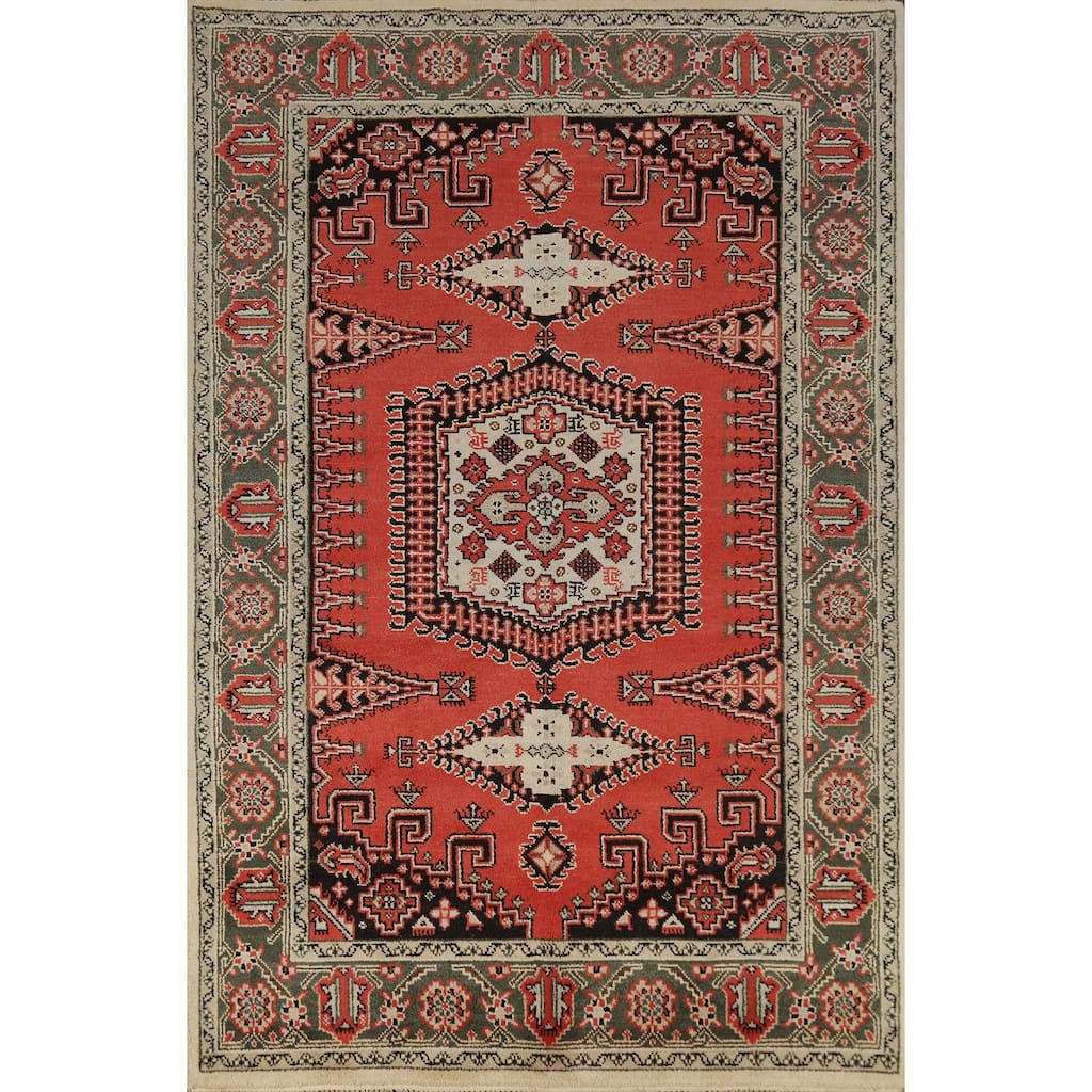 Geometric Viss Indian Area Rug Hand-Knotted Orange Wool Carpet - 6'0" x 9'0"
