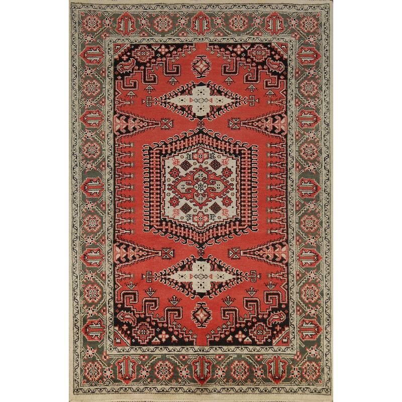Geometric Viss Indian Area Rug Hand-Knotted Orange Wool Carpet - 6'0" x 9'0"
