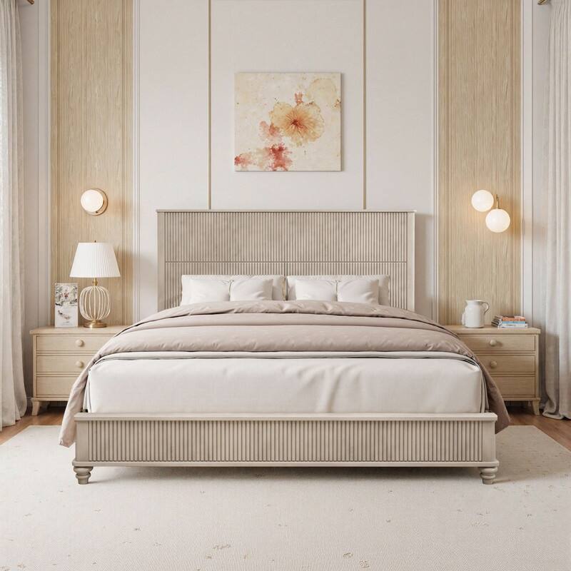 Solid Wood Bed Frame,King Platform Bed Frame with Headboard,Tall Headboard Natural Wood Bed ,No Box Spring Needed - Beige