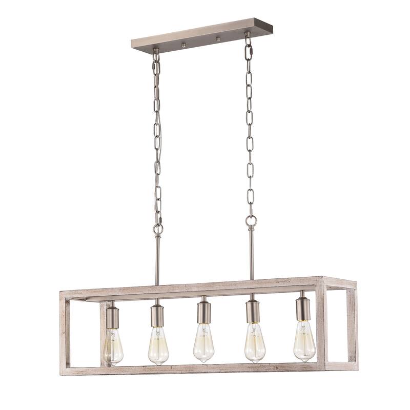 Amara Matte Satin Nickel+Wood Grain 5-Light Metal Open-Cage Linear Chandelier