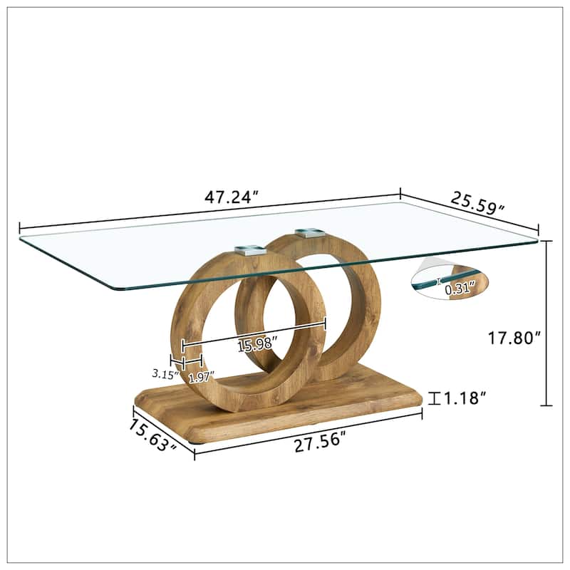 Modern Style Glass Top MDF Coffee Table with Natural Wood Color Base