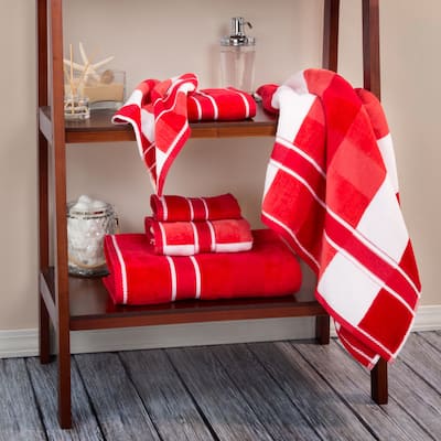 6-PC Towel Set - Absorbent Cotton Bathroom Accessories -Solid and Striped Towels by Lavish Home (Red)