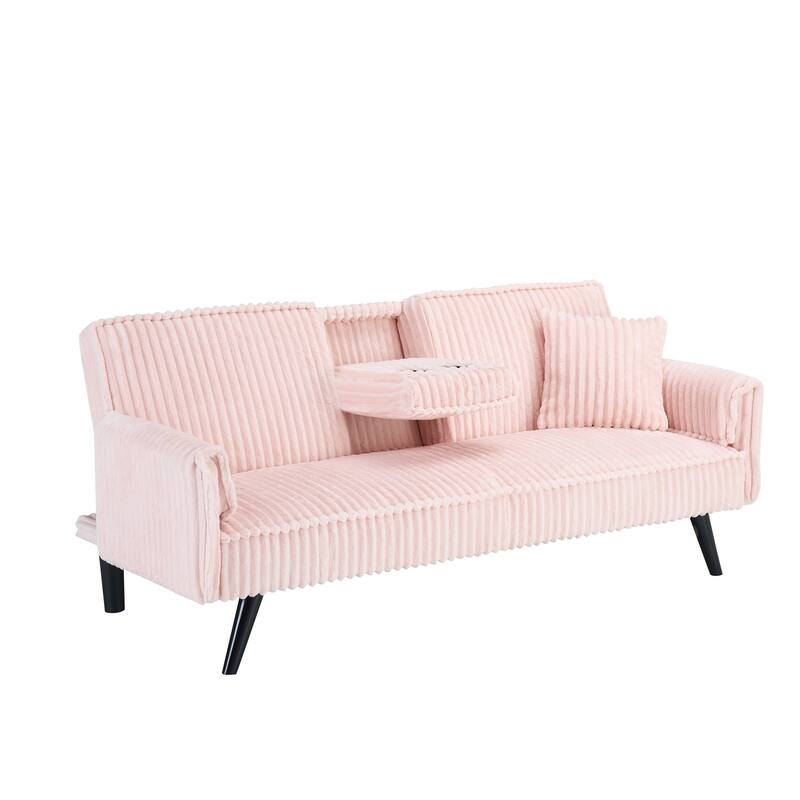 Corduroy Loveseat Sofa with Cup Holder and 1 Pillow, Sleeper Sofa Bed with Adjustable Backrest for Living Room