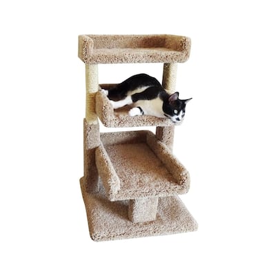 Large Kitty Cat Tree Perch with Three Cozy Beds and Sisal Rope Scratching Posts for Multi-Cat Homes