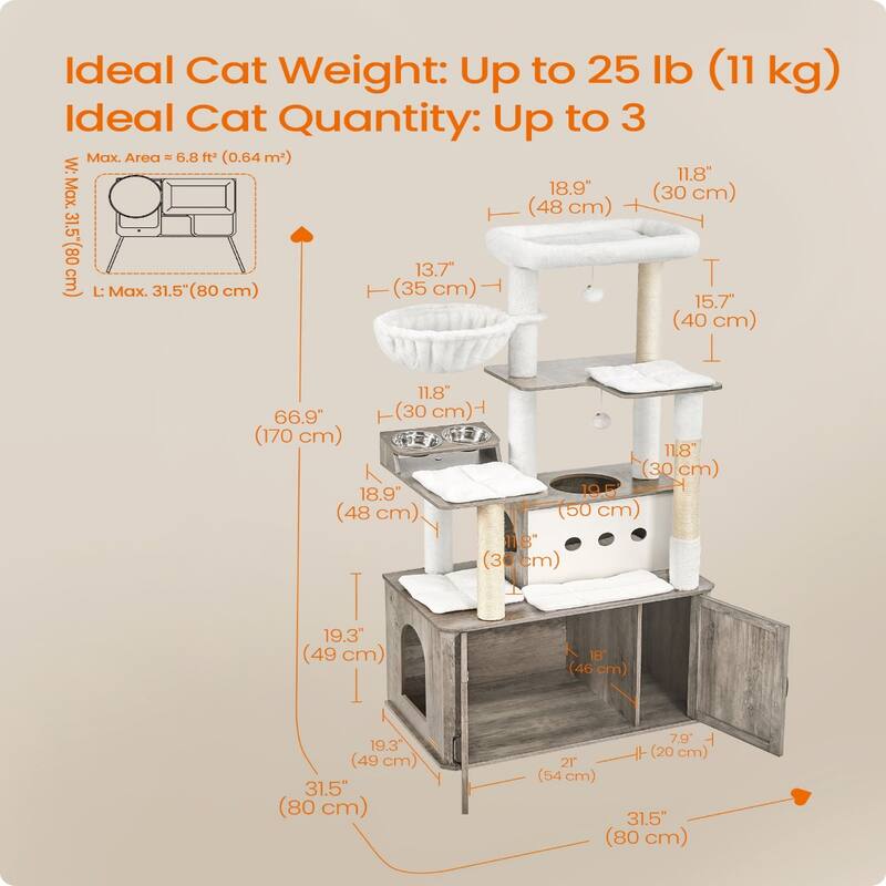66.9-Inch Cat Tower with Litter Box Enclosure and Comfortable Removable Cushions