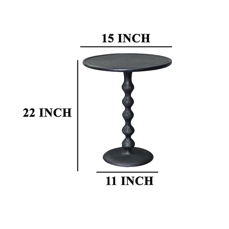 Shae 22 Inch Round Side End Table - Matte Black Aluminum Cast, Hammered Texture, Turned Pedestal Post