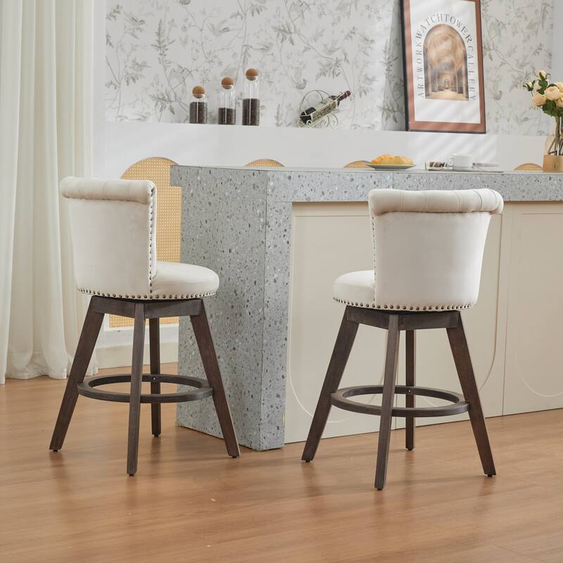 Velvet Upholstered Counter Height Bar Stools Set of 2, Tufted Button Swivel Bar Stools, Kitchen Counter Stools with Wood Legs