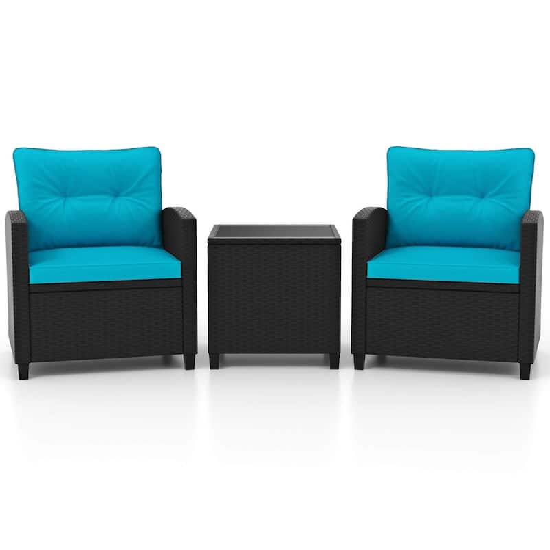 3 PCS Patio Furniture Set Rattan Conversation Set w/ Cushions & Table - Turquoise