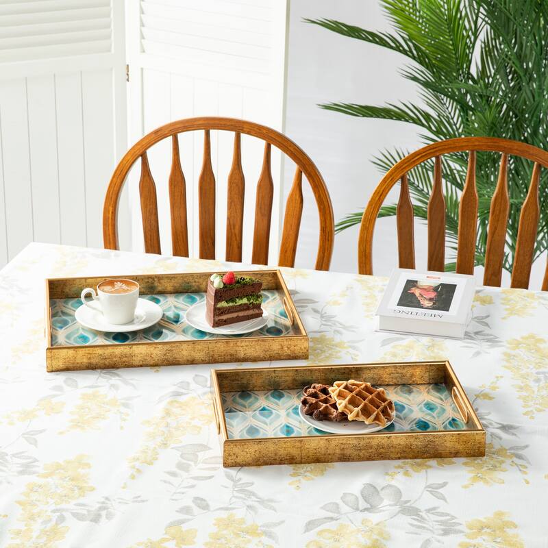 Glitzhome Set of 2 Rectangle Wooden & Plastic Decorative Trays with Handles