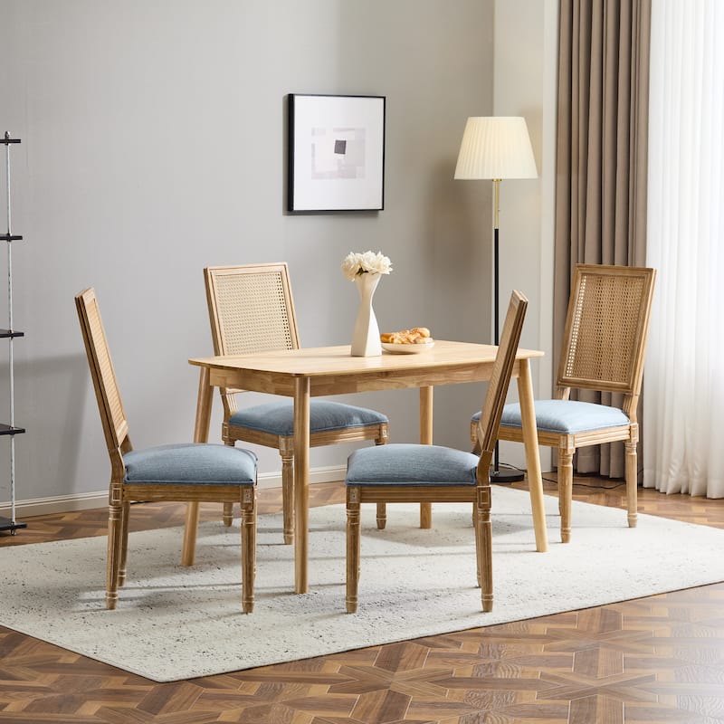 [Set of 4] French Country Dining Chairs - Elegant Cane Backrest & Upholstered Seats with Fluted Legs- Solid Rubberwood Frame