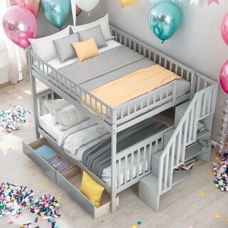Full over Full Bunk Bed with Two Drawers and Storage,Can Accommodate 4 People,2 Color