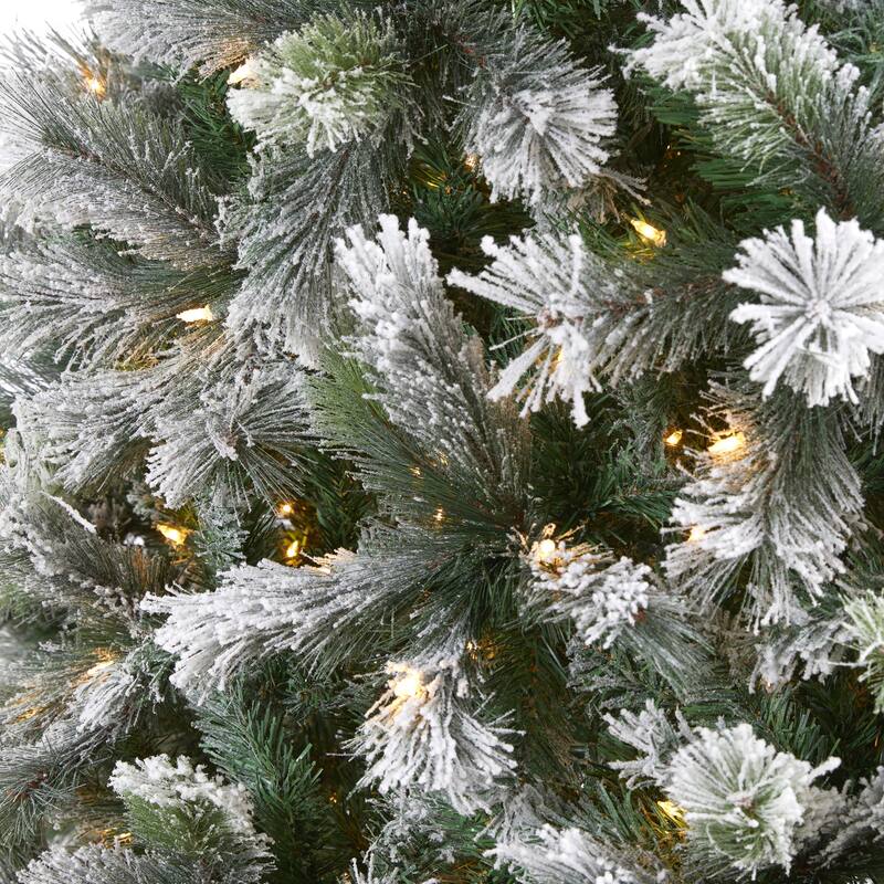 9ft Flocked Christmas Tree with Lights - Prelit Artificial Pine Holiday Decor - Green - 108