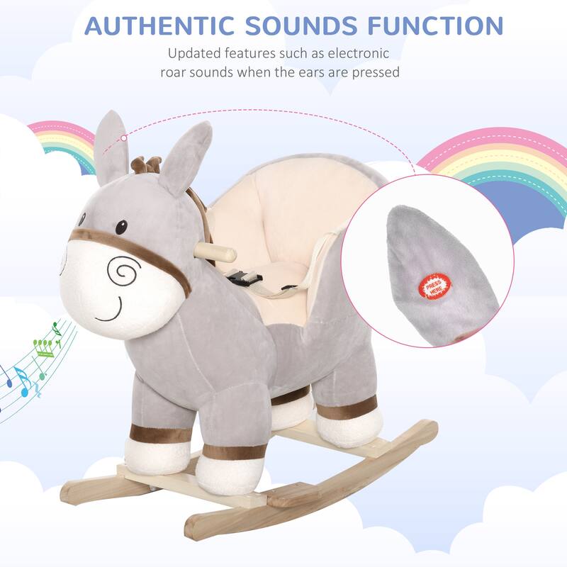 Grey Plush Rocking Horse for Toddlers with Wood Base and Steel Frame Safety Seat Belt Sound - 24" L x 13.5" W x 22.75" H