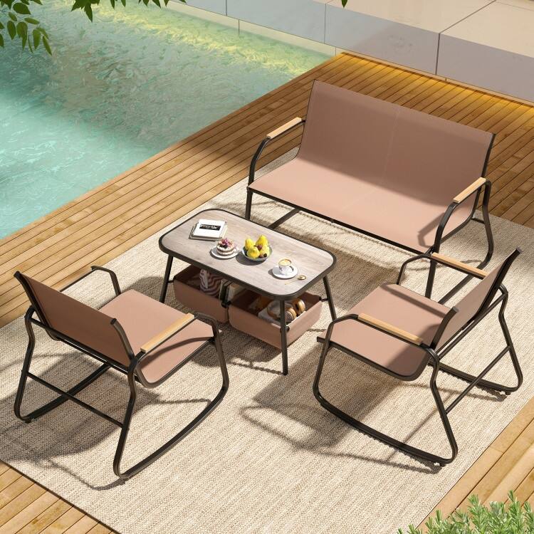4 Piece Brown-Black Fabric Metal Outdoor Bistro Set with Loveseat and Rockers - Coffee Table: 31.5" x 18" x 16.5"