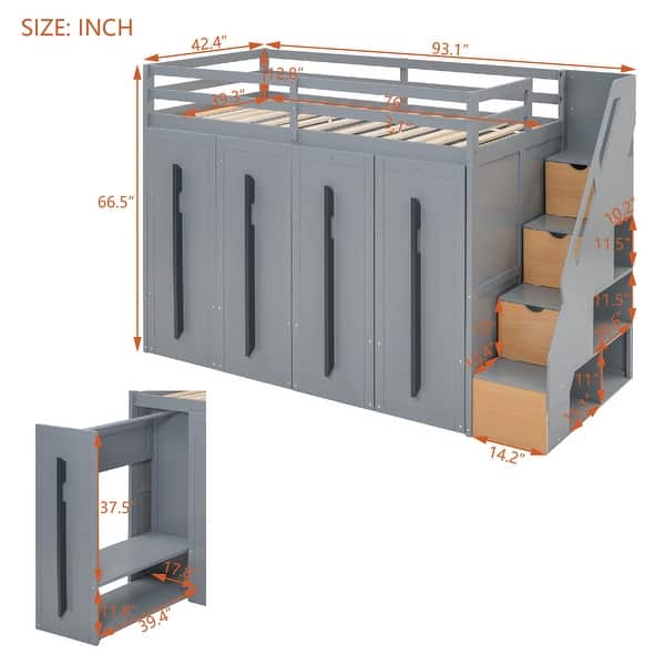 dimension image slide 1 of 2, Twin Size Loft Bed with Storage Stairs and 4 Wardrobes Underneath, Space Saving Wooden Loftbed Frame for Kids & Teens Bedroom