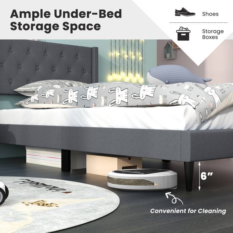 Upholstered Platform Bed with Button Tufted Wingback Headboard