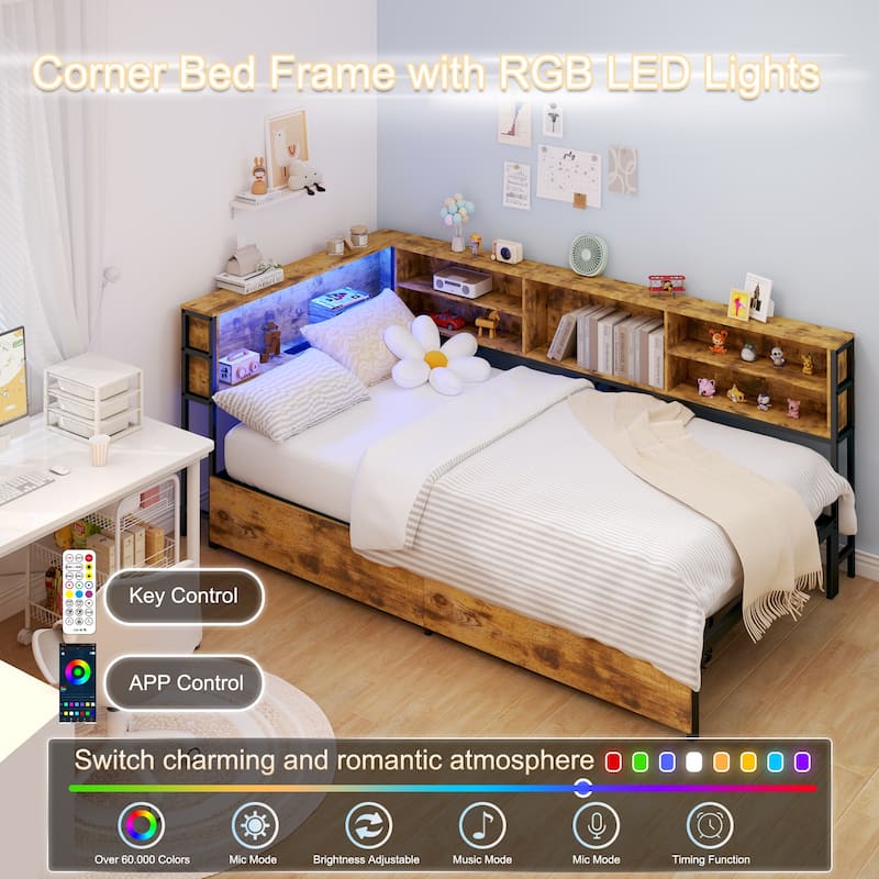 Corner Bed Unit with Storage, USB & LED Lighting