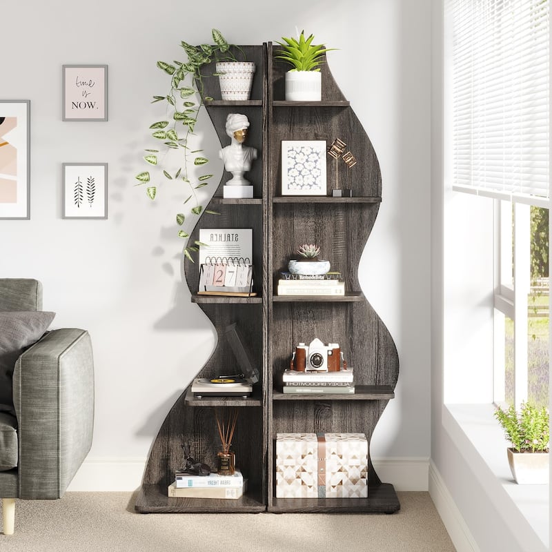 Corner Shelf Bookcase Bookshelf with Unique Shape for Living Room, Home Office - 2PC - Grey
