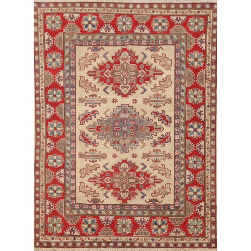 Geometric Kazak Area Rug Handmade Beige Wool Carpet - 4'10" x 6'6"
