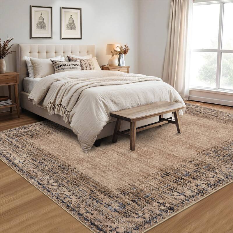 Vintage Bordered Area Rug Washable Area Rug Non-Slip Low Pile Throw Carpet for Living Room Bedroom Dining Room